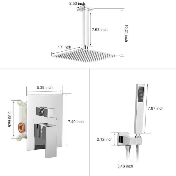 Single-Handle 2-Spray Square High Pressure Shower Faucet with 16 in. Ceiling Shower Head in Chrome (Valve Included)