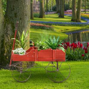 Wooden Garden Flower Planter Wagon Wheel Plant Bed Decorative Garden Planter for Backyard Garden Red