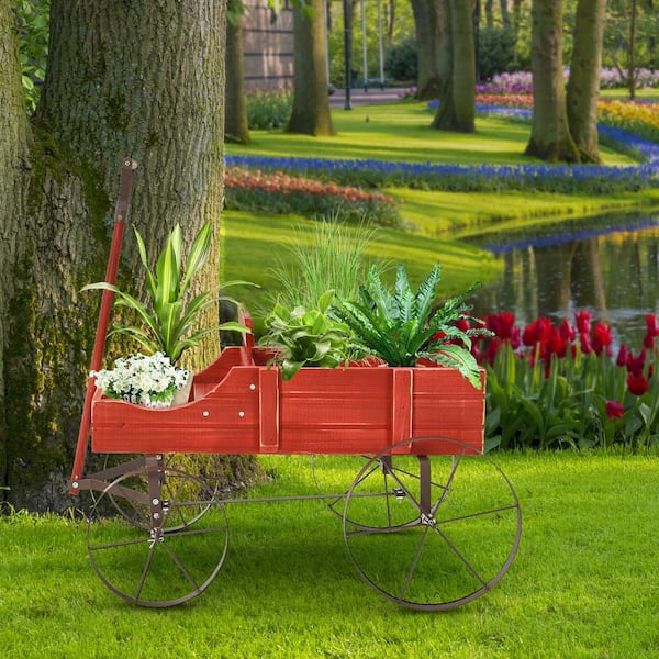 Wooden Garden Flower Planter Wagon Wheel Plant Bed Decorative Garden Planter for Backyard Garden Red
