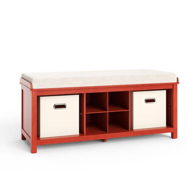 44 in W x 20 in H Red Mahogany 2 Bin and 4 Pair Solid Wood Entryway Shoe Storage Bench