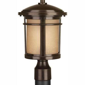 Wish LED Collection 1-Light Antique Bronze Etched Umber Linen Glass Craftsman Outdoor Post Lantern Light