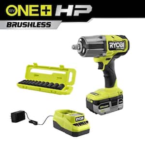 ONE+ HP 18V Brushless Cordless 4-Mode 1/2 in. High Torque Impact Wrench Kit w/ 4.0 Battery, Charger, & Metric Socket Set