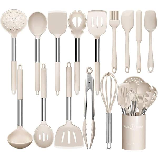 15-Piece Silicone Cooking Kitchen Utensils Set, Non-Stick Kitchen Cookware with Stainless Steel Handle, Khaki