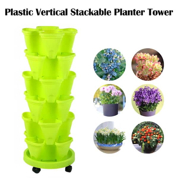 Wellco 6-Tier Green Plastic Vertical Stackable Planter Tower with Removable Wheels, Indoor Outdoor Gardening Pots (24-Pots)