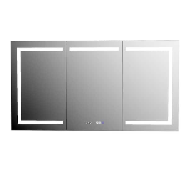 60 in. W x 32 in. H Large Rectangular Silver Recessed/Surface LED Medicine Cabinet with Mirror, 3 Doors