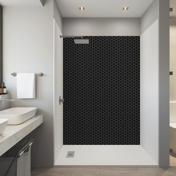 CASTICO Tile Insp. 60in. x 32in. x84in. Alcove Solid Composite Stone Shower Kit -Hexagon Bl. Shower Walls L/R WH Shower Pan Base