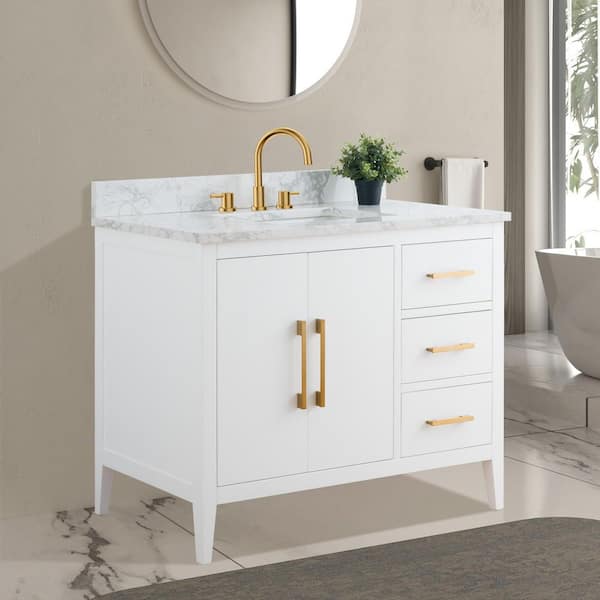 42 in. W x 22 in. D x 34 in. H Single Sink Bathroom Vanity Cabinet in White with Engineered Marble Top