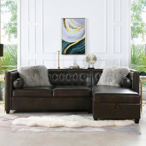 Jack 100 in. Vintage Brown Faux Leather Tuxedo Sectional with Reversible Chaise and Storage