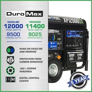 12,000/9,500-Watt 457 cc Electric Start Dual Fuel Gas Propane Portable Home Power Back Up Generator with CO Alert