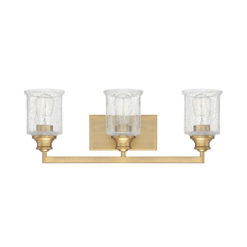 Hampton Warm Brass 3-Light Vanity with Crackle Glass Shades