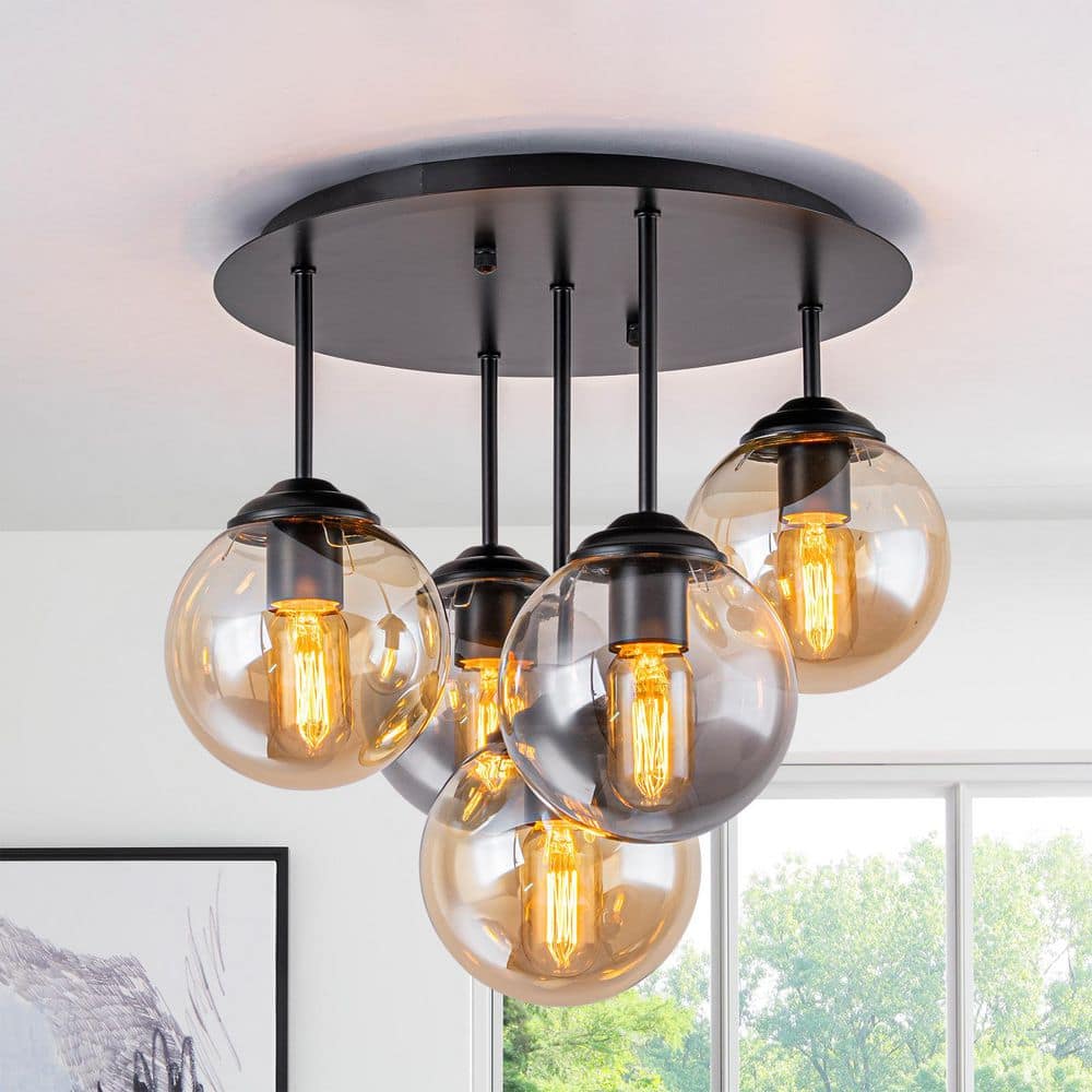 17.32 in. 5-Light Modern Matte Black Semi-Flush Mount Ceiling Light with Globe Glass Shades price history on PriceWatchPro
