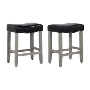 Jameson 24 in. Counter Height Antique Gray Wood Backless Barstool with Black Faux Leather Saddle Seat (Set of 2)