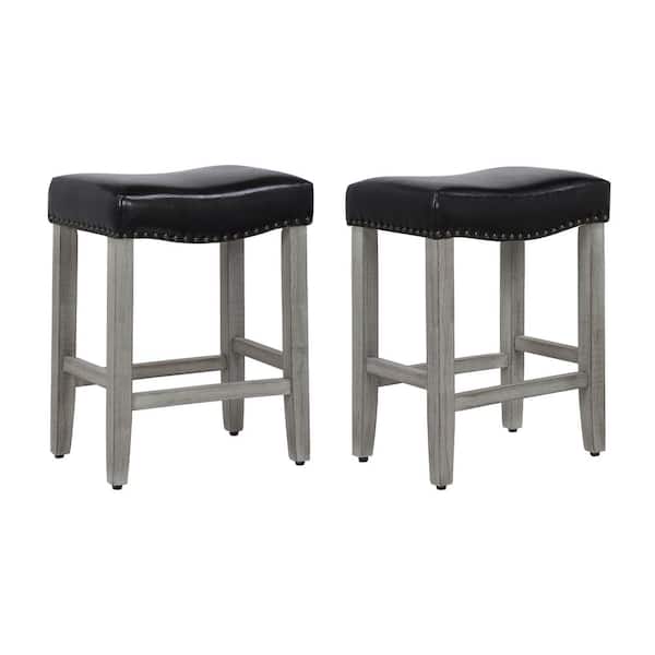 WESTINFURNITURE Jameson 24 in. Counter Height Antique Gray Wood Backless Barstool with Black Faux Leather Saddle Seat (Set of 2)