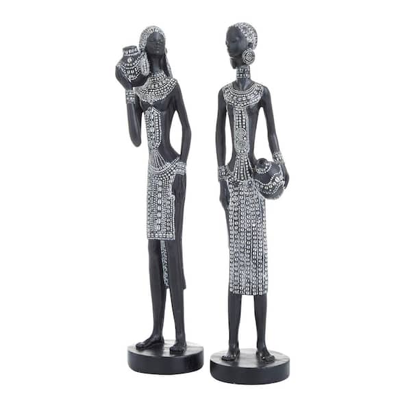 Litton Lane Black Polystone Standing African Woman Sculpture with Intricate Details (Set of 2)