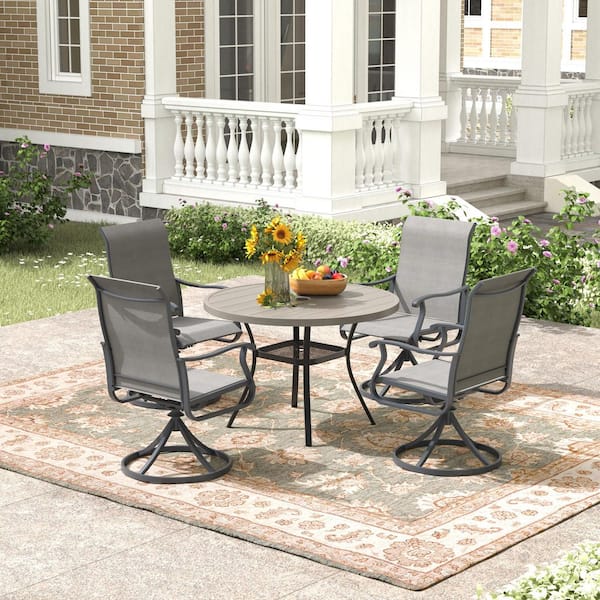 Unbranded 5-Piece Gray Metal Outdoor Dining Set and Set of 4 Swivel Dining Chairs and 1 Round Table with Storage Shelf