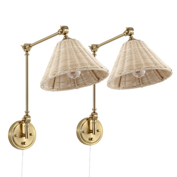 WINGBO Brass with Rattan Lamp Shade Swing Arm Wall Lamp (Set of 2)