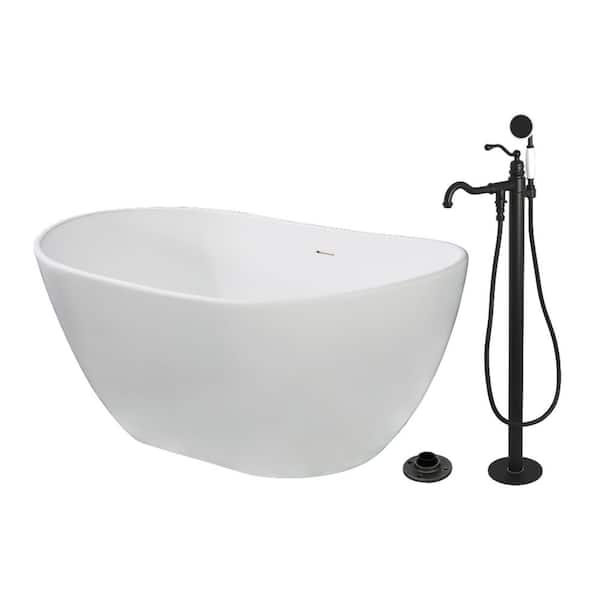 Arcticstone 56.3 in. x 32.3 in. Surface White Stone Flatbottom Soaking Freestanding Bathtub in White/Matte Black