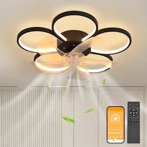 19.69 in. Black Modern Dimmable Indoor Low Profile Flower Shape LED Ceiling Fan with Light