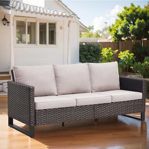 Valenta Brown Wicker Outdoor Couch with Beige Cushions