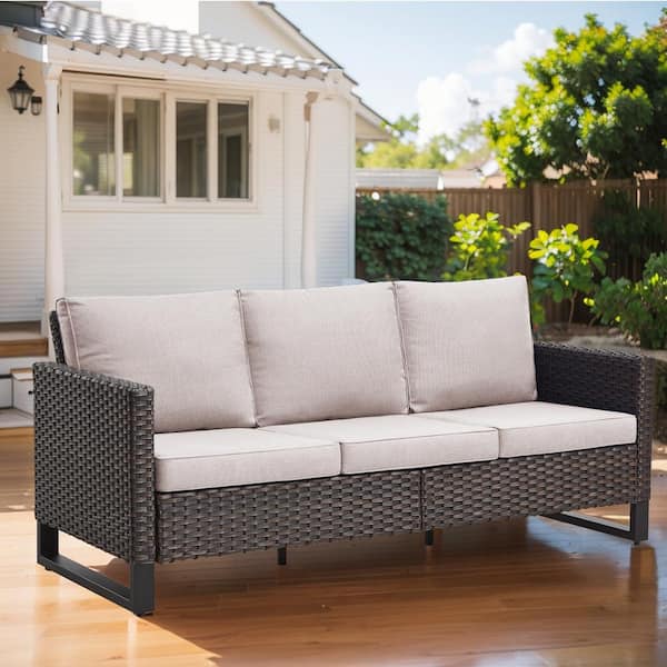 Gymojoy Valenta Brown Wicker Outdoor Couch with Beige Cushions