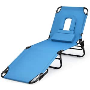 Metal Outdoor Chaise Lounge Patio Foldable Beach Pool Sun with Hole, Blue