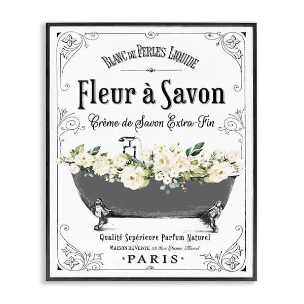 Fleur a Savon Parisian Bathroom Floral Tub by Lettered and Lined Black Framed Giclee Art Print Typograph 11 in. x 14 in.