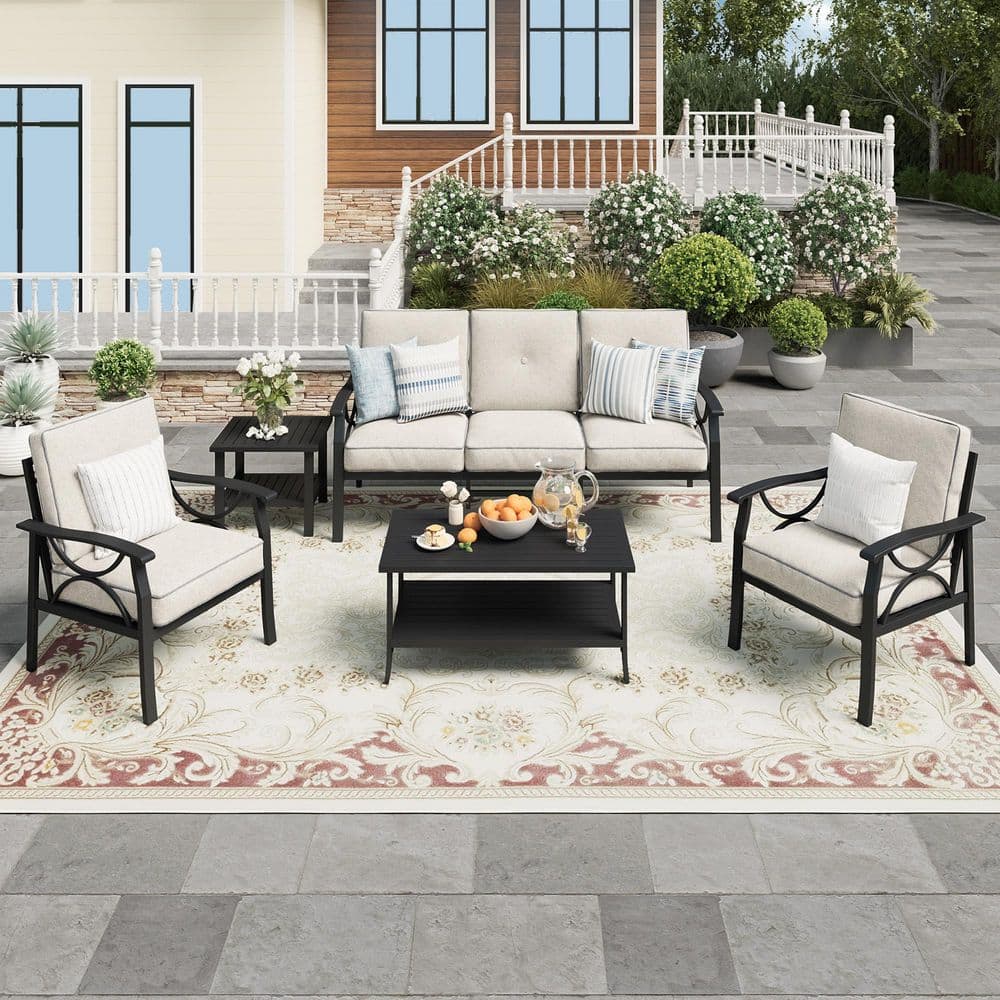 Black 5-Person Patio Conversation Sets with Cushions