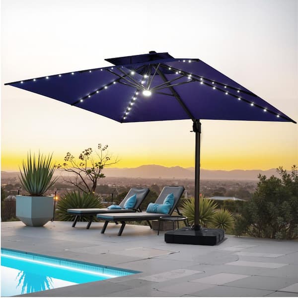lighted offset patio umbrella 10Ft with Solar Lights, Round Solar LED Patio Umbrella with Base Included, Easy Tilt Adjustment, Sturdy 8 Rids, Outdoor Cantilever Umbrella for Backyard, Lawn and Garden inch base that allows for sturdy Up To 65% Off on