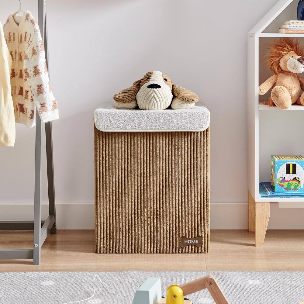 Brown Corduroy Collapsible Kids Hamper with Plush Dog Lid