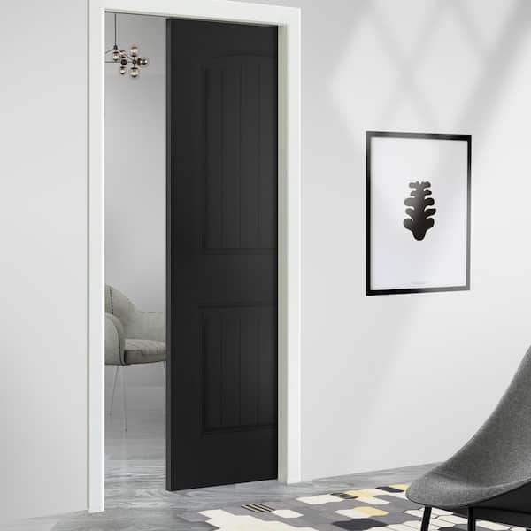 30 in. x 80 in. Black Painted Composite MDF 2Panel Camber Top Sliding Door with Pocket Door Frame and Hardware Kit