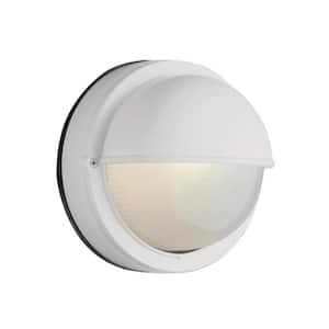 Mesa II 7 in. 1-Light White Round Bulkhead Outdoor Wall Light Fixture with Ribbed Acrylic Shade