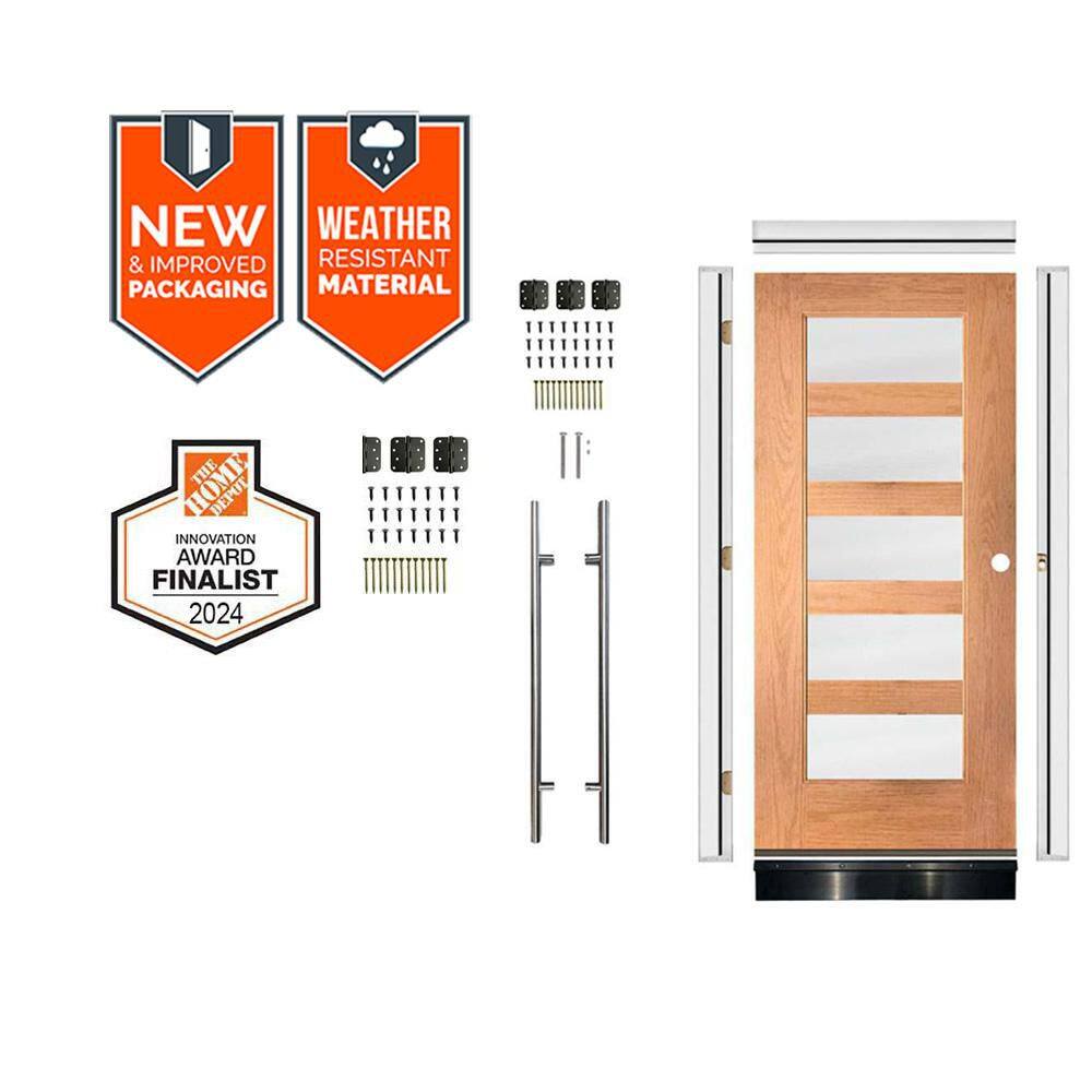 DIY Faux Pivot 36 x 79 in. 5-Lite Frosted Glass Left-Hand Teak Stain Fiberglass Front Door Kit w/ Quick Assemble Jamb price history on PriceWatchPro