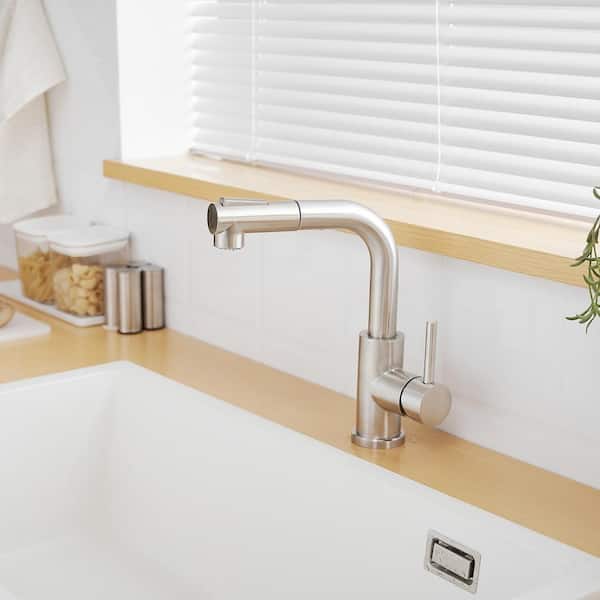 2-Spray Patterns Single Handle Stainless-Steel Pull-Out Sprayer Kitchen Faucet with Water Supply Hoses in Brushed Nickel