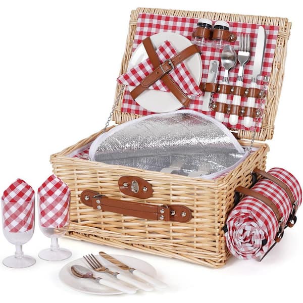 Red Wicker Picnic Basket with Waterproof Blanket and Insulated Liner, Large Handmade Willow Hamper with Cutlery Kit