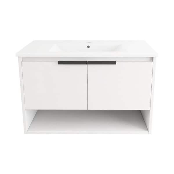 HBEZON 32 in. W x 18 in. D x 20.25 in. H Floating Bath Vanity in White with White Integrated Ceramic Top