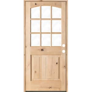 32 in. x 80 in. Knotty Alder Left-Hand/Inswing 9-Lite Arch Top V-Panel Clear Glass Unfinished Wood Prehung Front Door