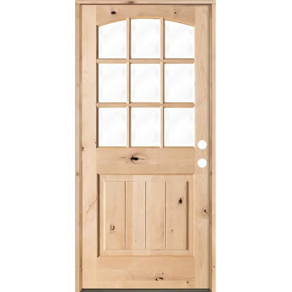 Krosswood Doors 32 in. x 80 in. Knotty Alder Left-Hand/Inswing 9-Lite Arch Top V-Panel Clear Glass Unfinished Wood Prehung Front Door