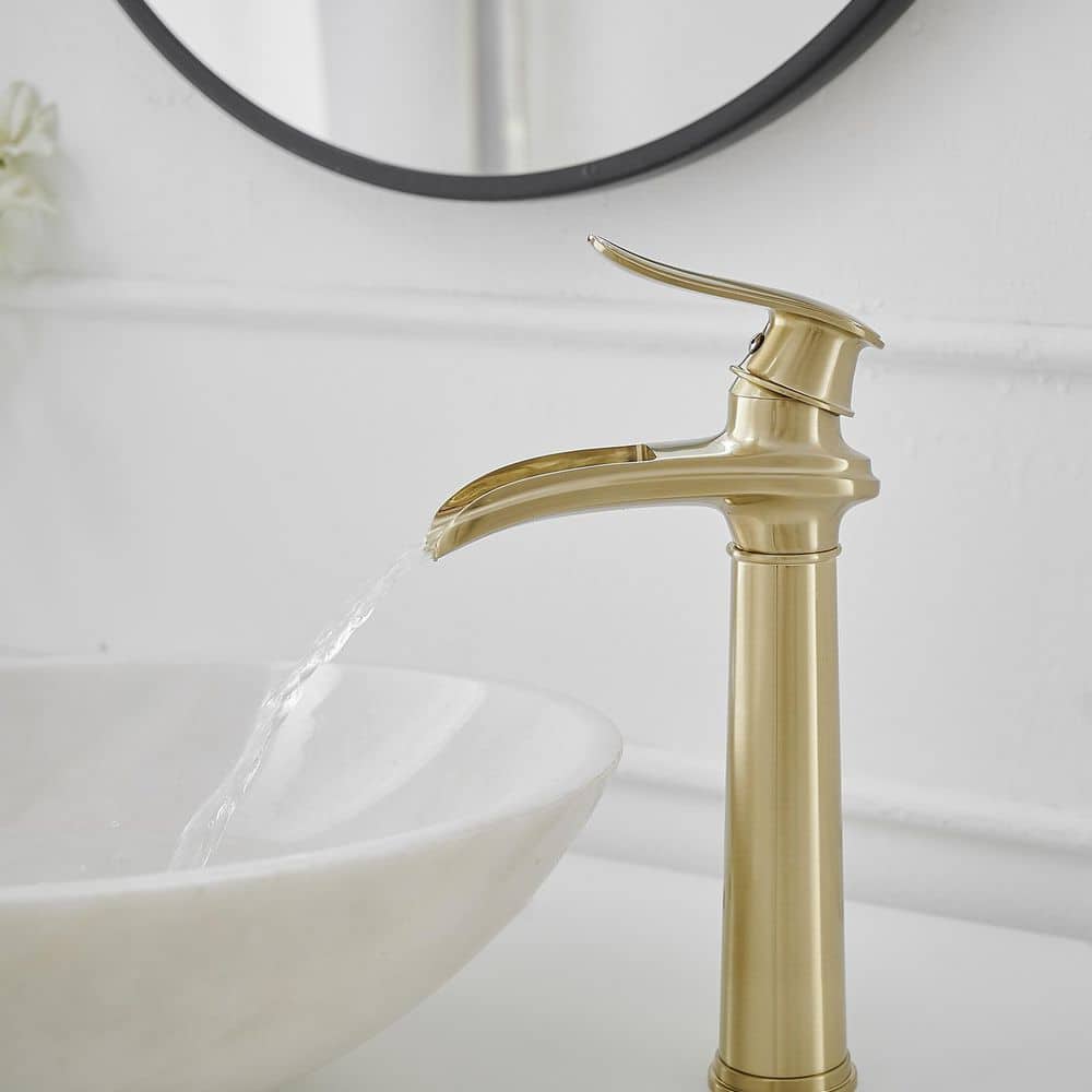 Brushed Gold Tall Single Handle Waterfall Vessel Sink Faucet