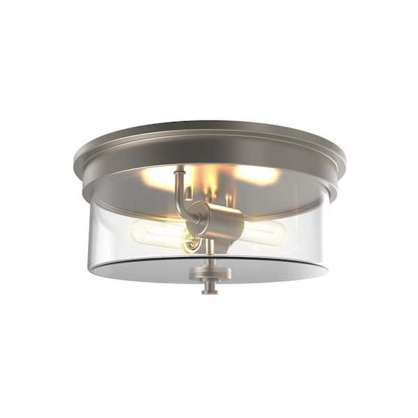 Enbrighten 13 in. 2-Light Brushed Nickel Flush Mount Ceiling Light Fixture with Glass Shade and Bulb Included