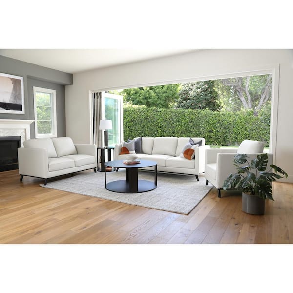 DEVON & CLAIRE Walter 89 in. Slope Arm Mid Century Top Grain Leather Rectangle Sofa in. Ivory with Loveseat and Chair