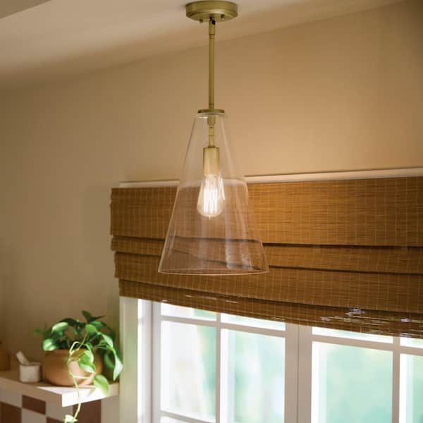 KICHLER Everly 10.25 in. 1-Light Natural Brass Modern Shaded Cone Kitchen Hanging Pendant Light with Clear Glass