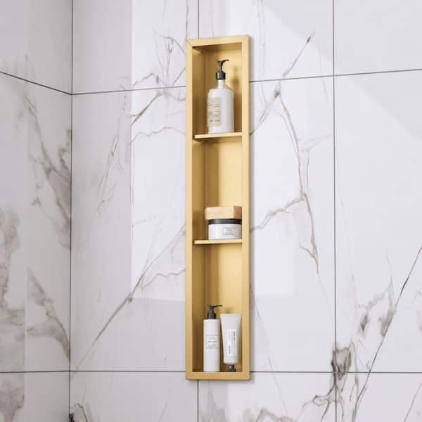 8 in. W x 36 in. H x 4 in. D Waterproof Recessed Shower Niche Storage Shelf in Brushed Gold, No Tile Needed