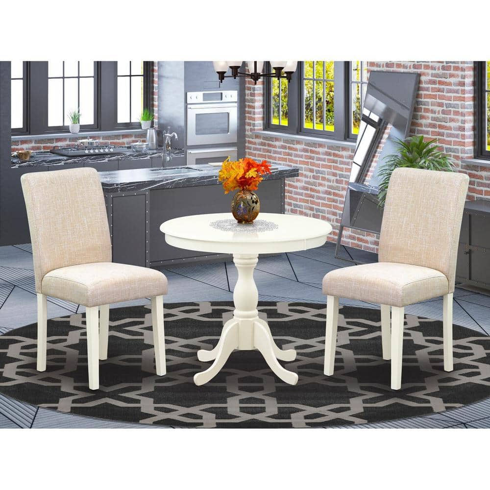 Linen White Round Dining Table Set with Beige Upholstered Chairs