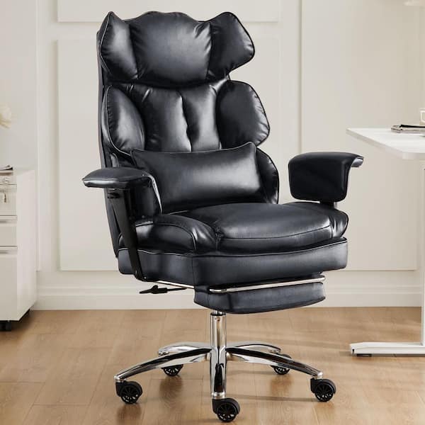 Office Chair PU Leather w/ Footrest and Lumbar Support, Ergonomic Office Chair in Black with Adjustable Height and Arms