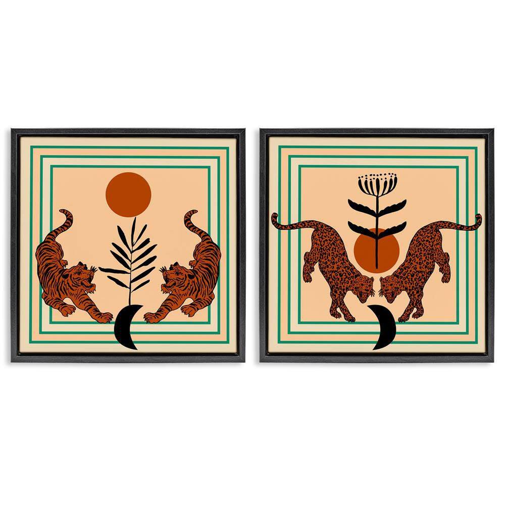 Boho Symmetrical Wild Cats by Melissa Wang 2-Pieces Black Floater Frame Animal Graphic Art Print 25 in. x 25 in. price history on PriceWatchPro