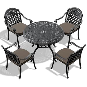 Black 5-Piece Cast Aluminum Outdoor Dining Set, Patio Furniture with 39.37 in. Round Table and Random Color Cushions
