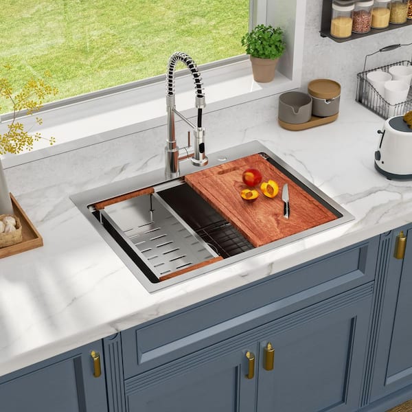 28 in. x 22 in. Topmount Single Bowl 16-Gauge Stainless Steel Drop-In Workstation Kitchen Sink with Bottom Grid