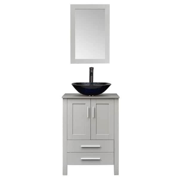 Puluomis 24 in. W x 19 in. D x 33 in. H Single Drop-in Sink Bath Vanity in White with White Solid Surface Vanity Top and Mirror