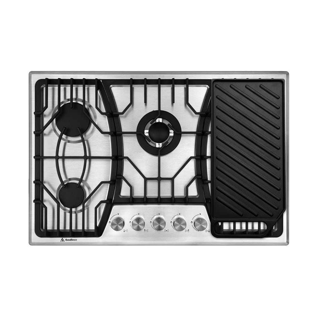 30 in. W 5 Burner Propane Built-in Stainless Steel Gas Cooktop in Silver with Griddle