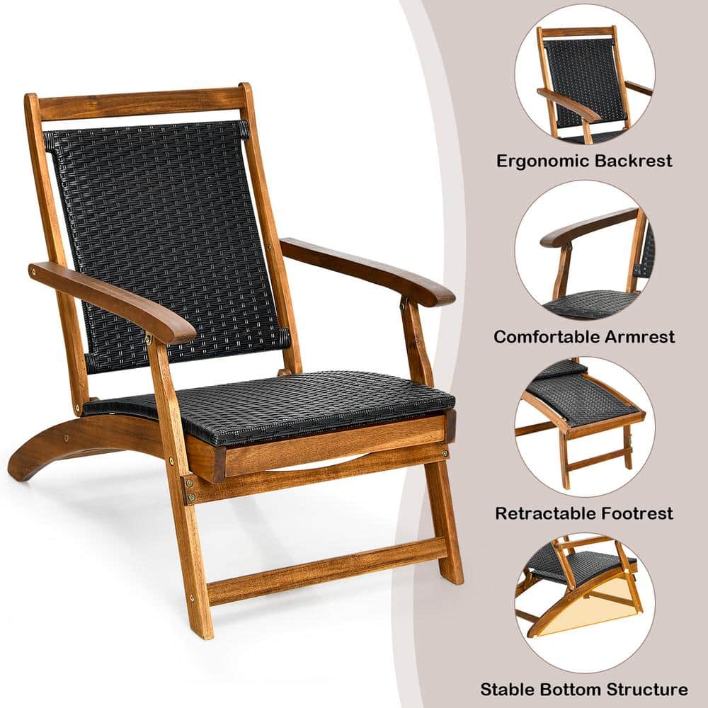 Brown Acacia Wood and Black Rattan Folding Chaise Lounge Chair